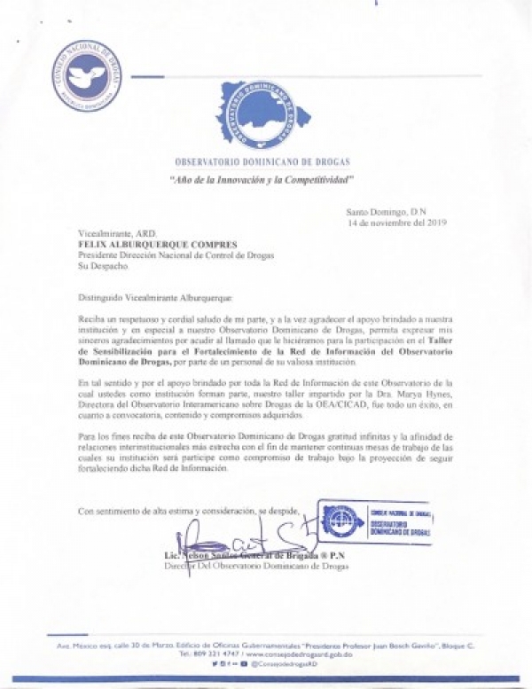 Observatorio Dominicano de Drogas agradece al Presidente DNCD por apoyo brindado